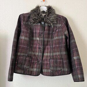 Chico's Womens Size 2 Preppy Plaid Rhonda Jacket Reversible Faux Fur Collar